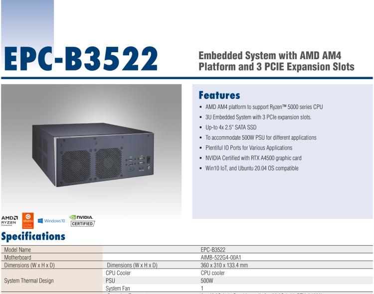 研華EPC-B3522 適配AMD Ryzen AM4 5000系列處理器，搭載X570芯片組，搭配N(xiāo)VIDIA? RTX-A4500顯卡。3U高度，提供高端圖像處理應(yīng)用的解決方案。