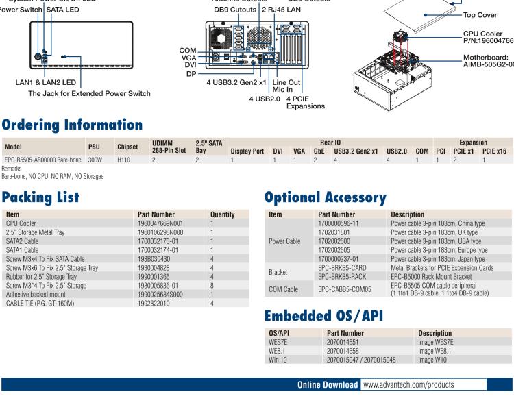 研華EPC-B5505 適配Intel? 第6/7代 Core ? i/Xeon E3系列處理器，搭載H110芯片組。標(biāo)準(zhǔn)4U上架，廣泛適用于各種行業(yè)。