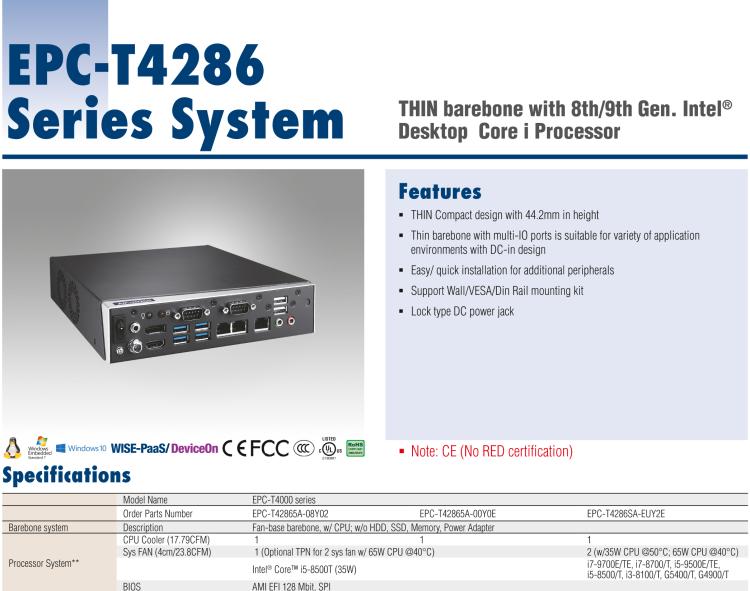 研華EPC-T4286 適配Intel? 第8/9代 Core? i 系列處理器，搭載H310芯片組。1U超薄高度，性能強(qiáng)勁。