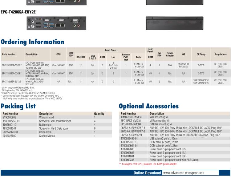研華EPC-T4286 適配Intel? 第8/9代 Core? i 系列處理器，搭載H310芯片組。1U超薄高度，性能強(qiáng)勁。