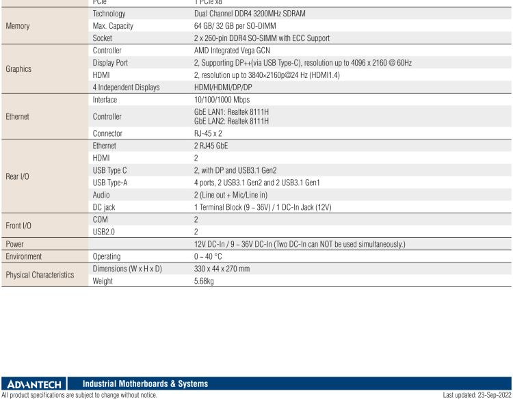 研華EPC-T3229 適配AMD V2748 處理器。擁有1個全高PCIe擴(kuò)展位，1U高度，支持上架。適用于邊緣AI等行業(yè)。