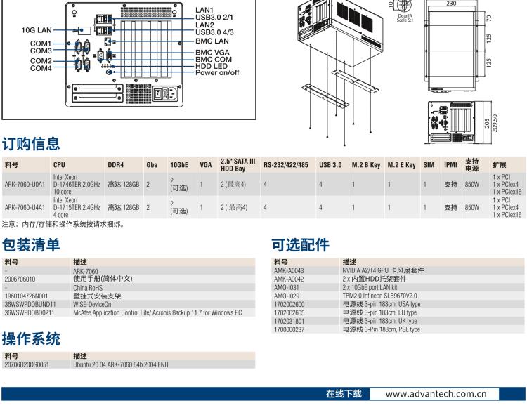 研華ARK-7060 搭載Intel二代Xeon D-1700高性能處理器系統(tǒng)，具有3個擴展插槽