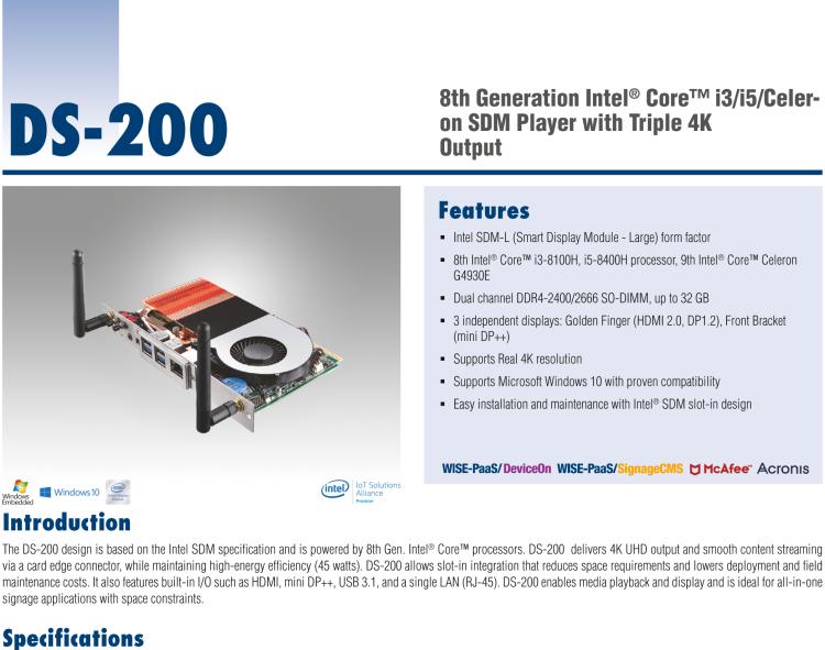 研華DS-200 Intel ? 第八代 Core? i3/i5 SDM，支持4K三顯的數(shù)字標牌播放器