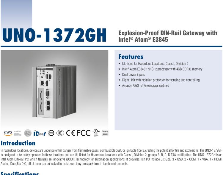 研華UNO-1372GH 通過(guò)Class I，Division 2認(rèn)證的導(dǎo)軌安裝工業(yè)控制器，搭配英特爾?凌動(dòng)?四核處理器