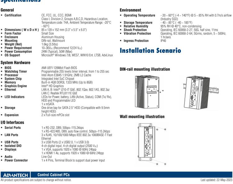 研華UNO-1372GH 通過(guò)Class I，Division 2認(rèn)證的導(dǎo)軌安裝工業(yè)控制器，搭配英特爾?凌動(dòng)?四核處理器