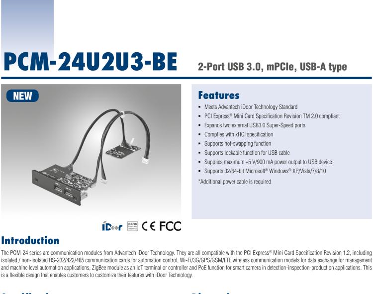 研華PCM-24U2U3 2端口USB 3.0，mPCIe，USB-A型