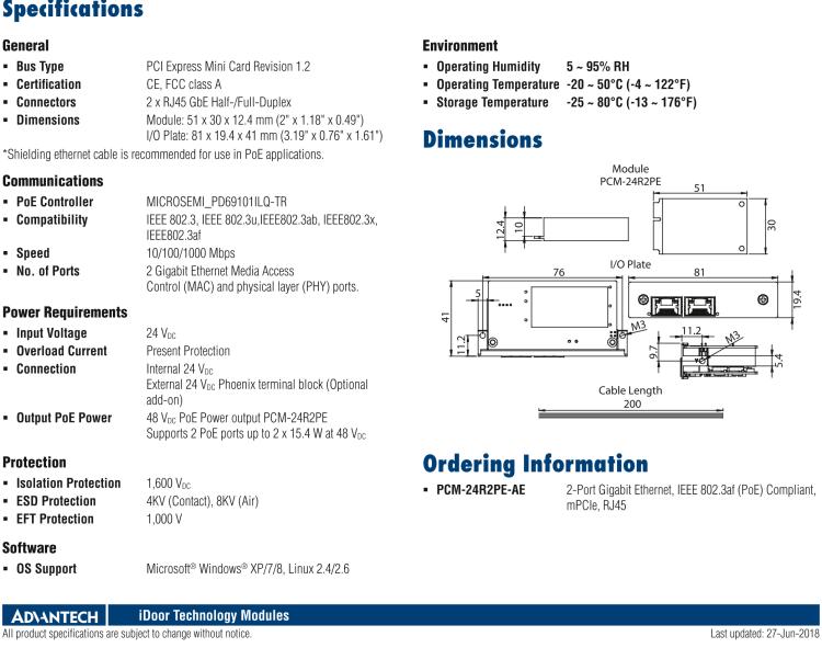 研華PCM-24R2PE 2端口千兆以太網(wǎng)，兼容IEEE 802.3af（PoE），mPCIe，RJ45