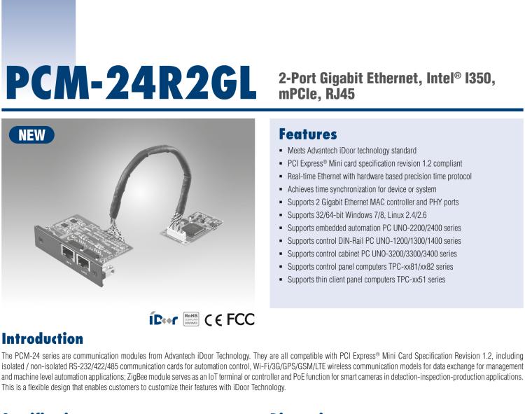 研華PCM-24R2GL 2端口千兆以太網(wǎng)，mPCIe，RJ45