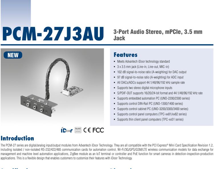研華PCM-27J3AU 3端口立體聲音頻，mPCIe，3.5毫米插孔