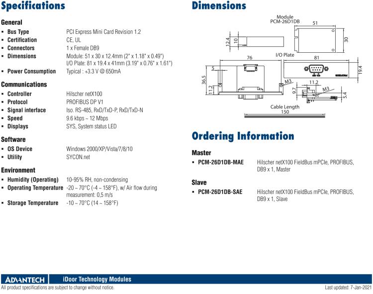 研華PCM-26D1DB 1端口 Hilscher netX100 現(xiàn)場總線 mPCIe，PROFIBUS，DB9