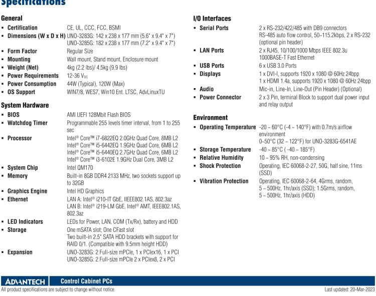 研華UNO-3283G 高效能嵌入式無風扇工業(yè)電腦，搭配Intel? Core? i 處理器，2×GbE, 2×mPCIe, HDMI, DVI-I