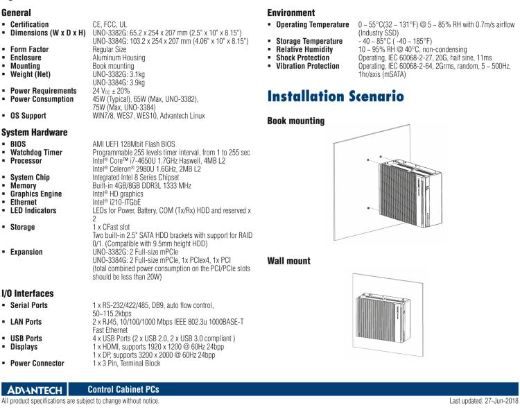 研華UNO-3382G Intel? Core? i7/Celeron控制柜PC，2 x GbE, 2 x mPCIe, HDMI/DP