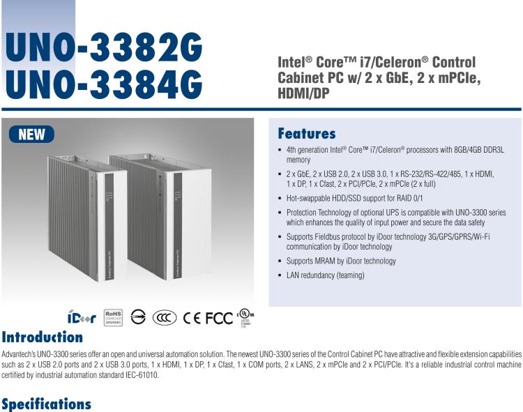 研華UNO-3384G Intel? Core? i7/Celeron控制柜PC，2 x GbE, 2 x mPCIe, HDMI/DP
