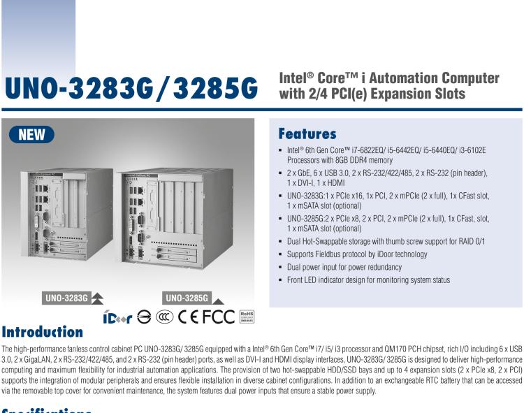 研華UNO-3285G 高效能嵌入式無(wú)風(fēng)扇工業(yè)電腦，搭配Intel? Core? i 處理器，4×PCI(e) 擴(kuò)展槽, 2×GbE, 2×mPCIe, HDMI, DVI-I