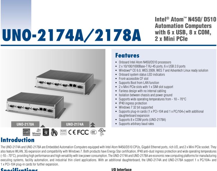 研華UNO-2178A Intel? Atom? D510無風扇嵌入式工業(yè)電腦，6 x USB, 8 x COM, 2 x Mini PCIe