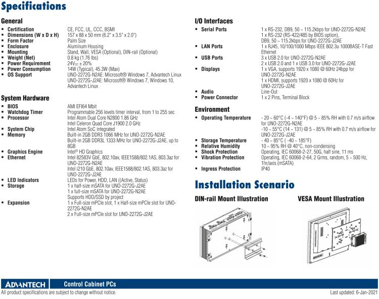 研華UNO-2272G 袖珍型嵌入式工控機(jī)，搭配Intel? Atom?處理器，1 x GbE, 2 x mPCIe, VGA/HDMI