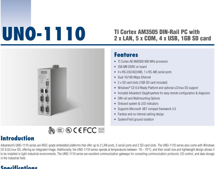 研華UNO-1110 導(dǎo)軌安裝型工業(yè)控制器，搭配TI Coretex AM3505 處理器，2×LAN，5×COM，4×USB，1 GB SD卡