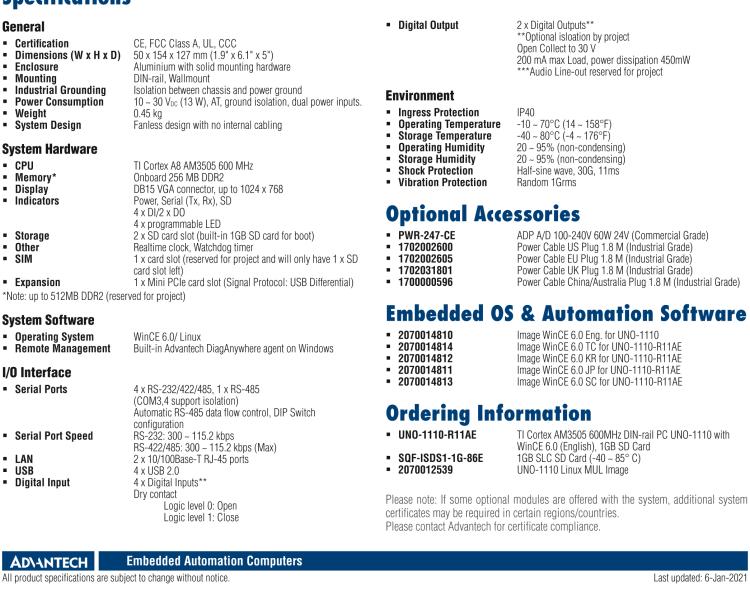 研華UNO-1110 導(dǎo)軌安裝型工業(yè)控制器，搭配TI Coretex AM3505 處理器，2×LAN，5×COM，4×USB，1 GB SD卡
