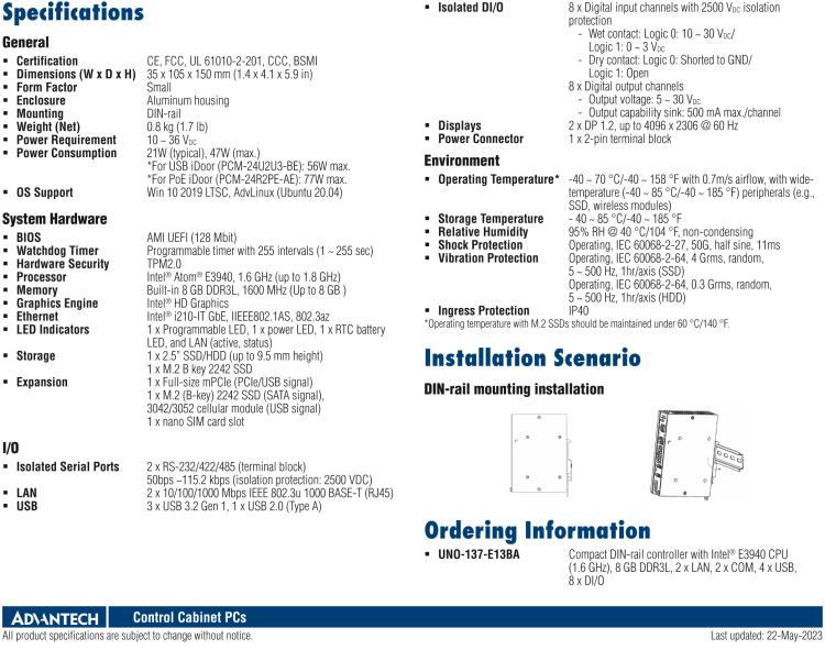 研華UNO-137 DIN導(dǎo)軌控制器，配備Intel?Atom?E3940 CPU、2個(gè)LAN、2個(gè)COM、3個(gè)USB 3.0、1個(gè)USB 2.0、2個(gè)DP 1.2、8個(gè)DI、8個(gè)DO、1個(gè)M.2、1個(gè)mPCIe、TPM 2.0