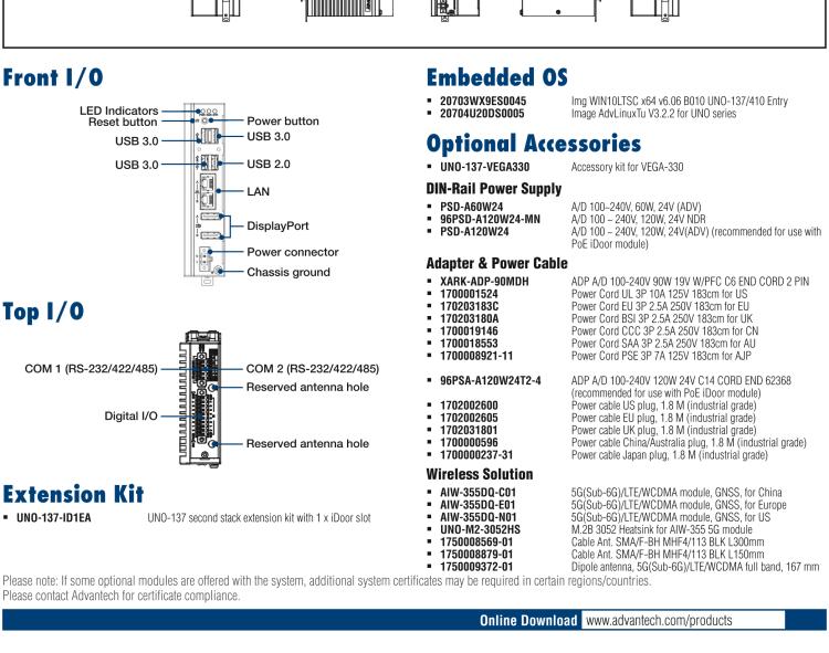 研華UNO-137 DIN導(dǎo)軌控制器，配備Intel?Atom?E3940 CPU、2個(gè)LAN、2個(gè)COM、3個(gè)USB 3.0、1個(gè)USB 2.0、2個(gè)DP 1.2、8個(gè)DI、8個(gè)DO、1個(gè)M.2、1個(gè)mPCIe、TPM 2.0