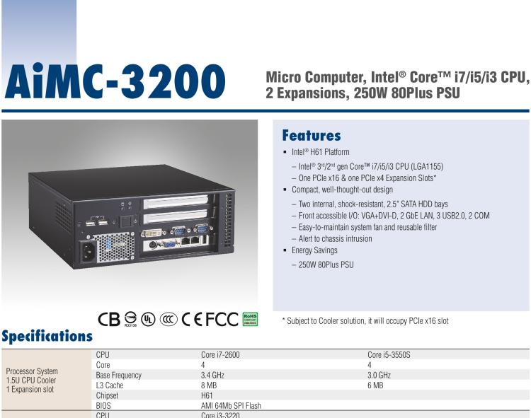 研華AiMC-3200 智能微型工控機(jī)，Intel Core i7/i5/i3 CPU,2 擴(kuò)展槽，250W 80 Plus PSU