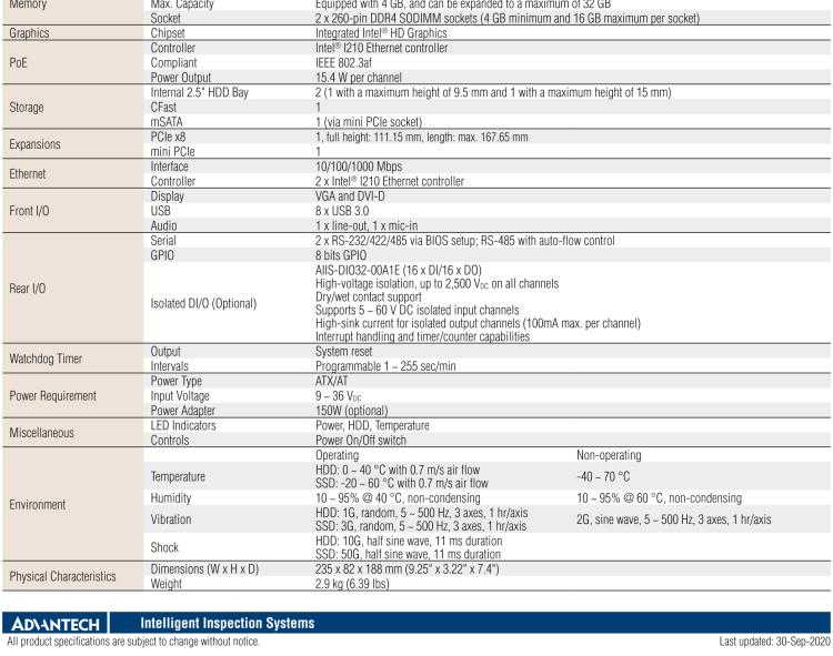 研華AIIS-5410P 無風(fēng)扇視覺系統(tǒng)，Intel Core? i 處理器，4通道 GigE PoE 相機界面和 PCIe 插槽