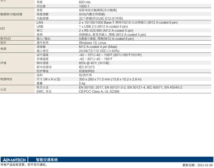研華ITA-8120 滿足鐵路En50155認證標準，12.1寸可觸屏式平板電腦，支持英特爾?凌動x7-E3950處理器