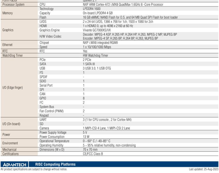 研華ROM-7720 基于NXP i.MX 8QM Qseven Arm核心模塊，多核異構(gòu)，具備優(yōu)異的計算及圖形顯示性能