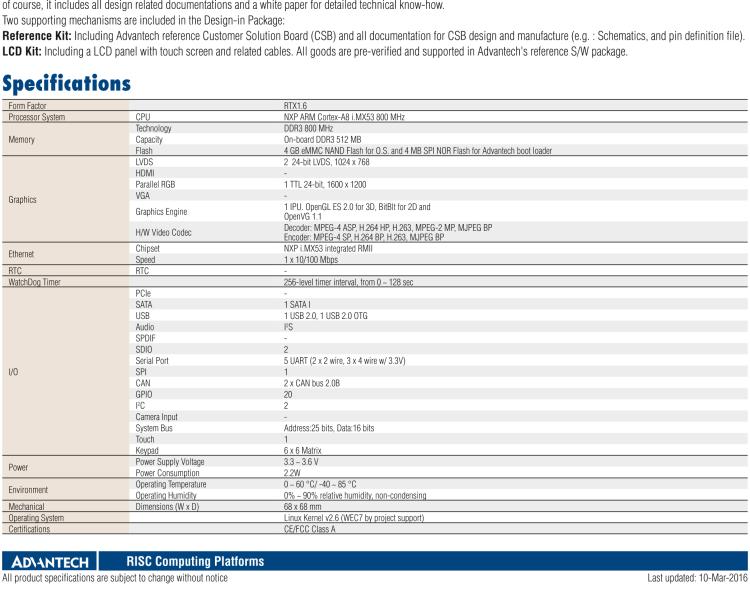 研華ROM-1210 基于NXP ARM Cortex?-A8 i.MX53 1GHz高性能處理器的RTX核心模塊，低功耗