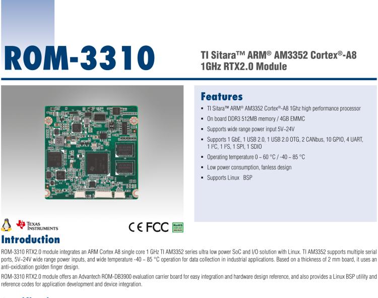 研華ROM-3310 基于TI AM3352 Cortex A8 1GHz RTX 2.0 的標(biāo)準(zhǔn)核心板，適用于寬溫抗震等工業(yè)自動(dòng)化領(lǐng)域
