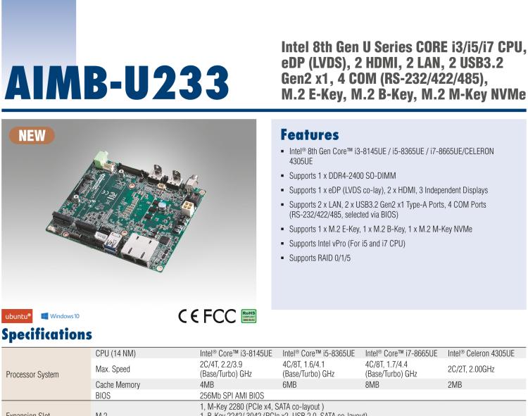研華AIMB-U233 板載Intel 第8代 U系列 Core i3/i5/i7 處理器。低功耗高性能，無風(fēng)扇設(shè)計(jì)。