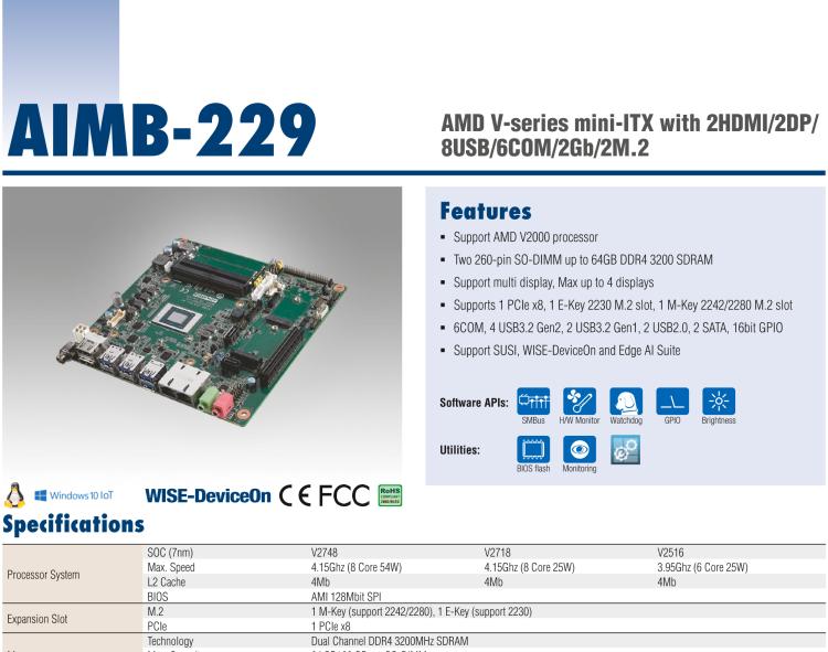 研華AIMB-229 板載AMD V2000系列8核/16線程CPU。視頻圖像處理性能強勁，接口豐富，超薄緊湊設(shè)計。