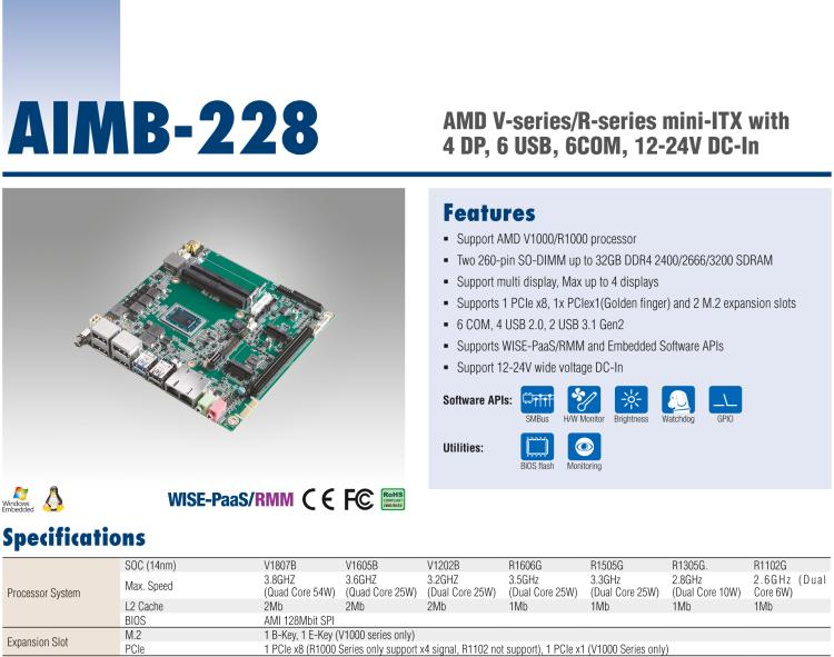 研華AIMB-228 板載AMD V系列/R系列處理器。超薄設(shè)計，支持寬壓，廣泛應(yīng)用在圖像處理、醫(yī)療影像等行業(yè)上。