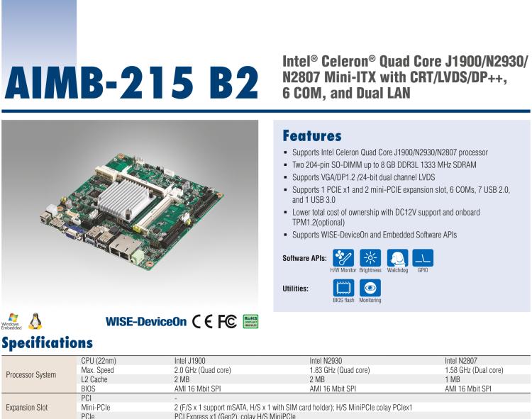 研華AIMB-215 板載Intel? 第4代 賽揚(yáng)處理器。豐富的擴(kuò)展，無風(fēng)扇設(shè)計(jì)，支持寬溫寬壓。