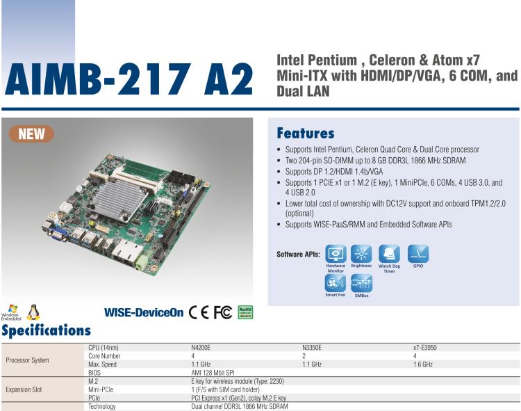 研華AIMB-217 板載Intel? 第6代 奔騰、賽揚(yáng)、凌動(dòng)系列處理器。擁有多COM和雙千兆網(wǎng)口，超薄緊湊，無(wú)風(fēng)扇設(shè)計(jì)，支持寬溫。