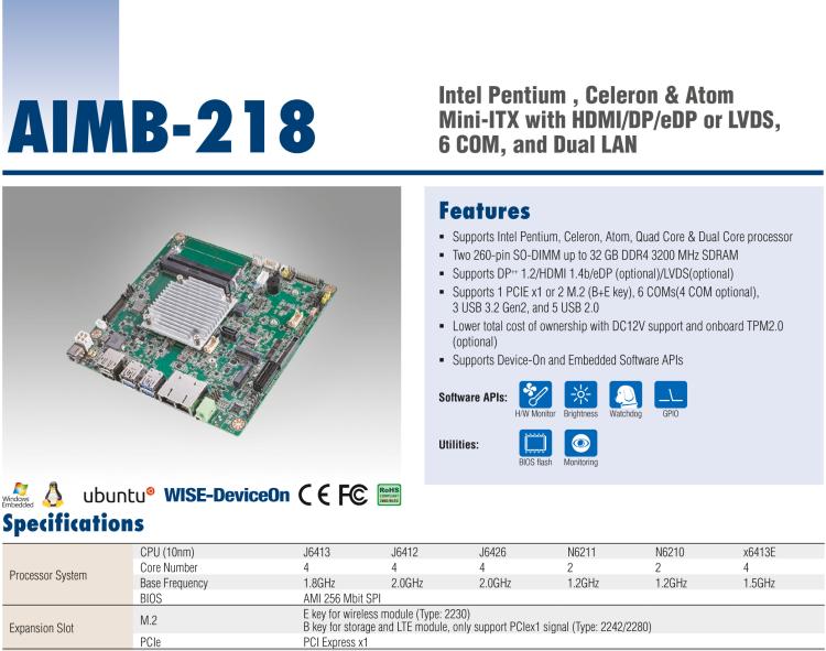 研華AIMB-218 板載Intel? 第8代 奔騰/賽揚(yáng)/凌動系列處理器。支持獨(dú)立三顯，超薄緊湊，無風(fēng)扇設(shè)計(jì)，支持寬溫。