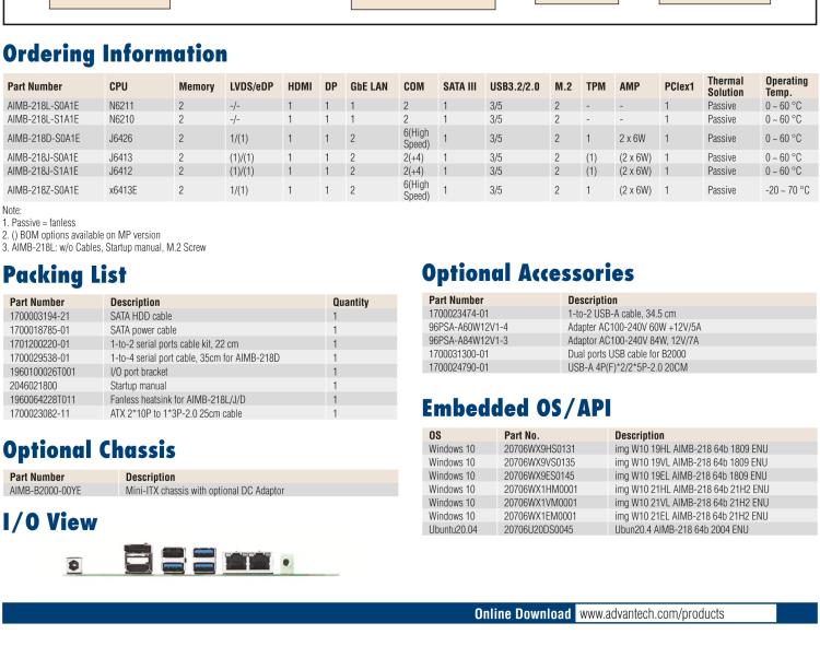 研華AIMB-218 板載Intel? 第8代 奔騰/賽揚(yáng)/凌動系列處理器。支持獨(dú)立三顯，超薄緊湊，無風(fēng)扇設(shè)計(jì)，支持寬溫。