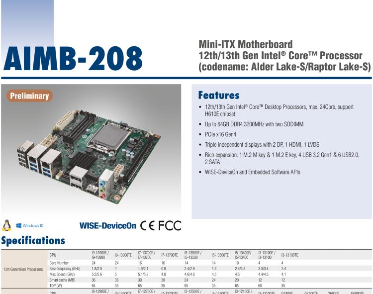 研華AIMB-208 適配Intel 第12/13代 Core i/奔騰系列處理器，搭載H110芯片組。高性價比，擁有豐富的擴展接口，通用性強，穩(wěn)定可靠。