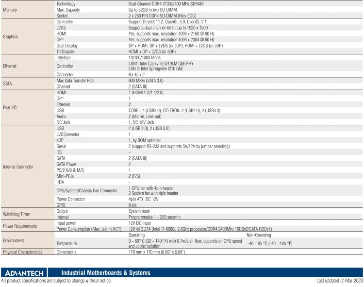 研華AIMB-232 板載Intel? 第6/7代 Core? i/賽揚(yáng) 處理器。超薄設(shè)計(jì)，無(wú)風(fēng)扇設(shè)計(jì)，支持寬溫。