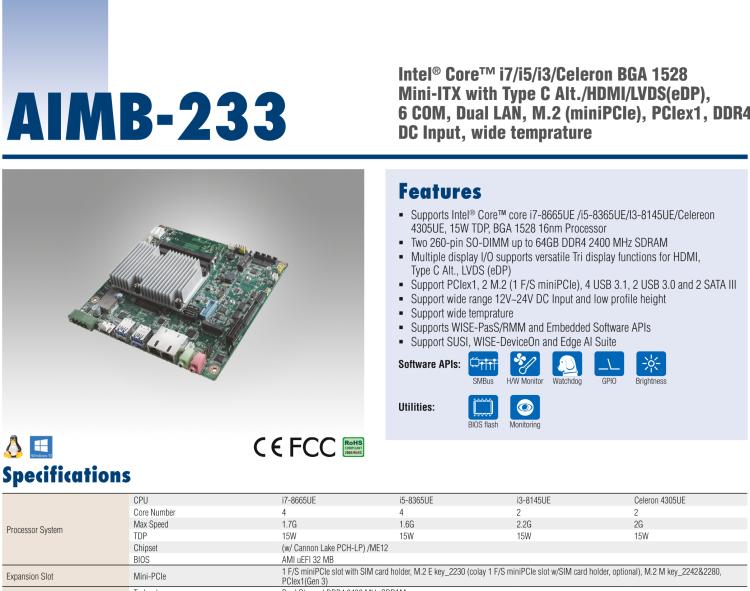 研華AIMB-233 板載Intel? 第8代 Core i 處理器。擁有Type C接口，滿足各類擴(kuò)展需求。低功耗，超薄緊湊，無風(fēng)扇設(shè)計(jì)，支持寬溫寬壓，性能強(qiáng)勁。