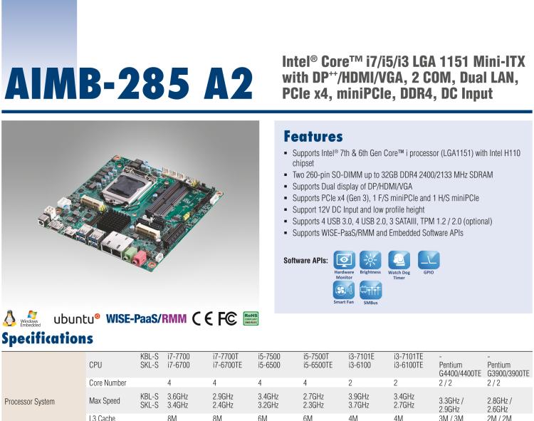 研華AIMB-285 適配Intel? 第6/7代 Core? i 處理器，搭載H110芯片組。超薄緊湊，是理想的高性價(jià)比解決方案。