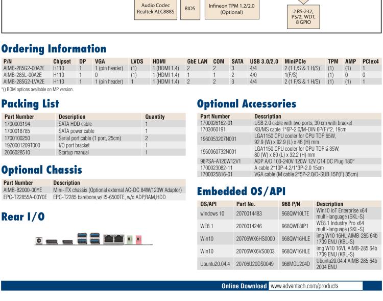 研華AIMB-285 適配Intel? 第6/7代 Core? i 處理器，搭載H110芯片組。超薄緊湊，是理想的高性價(jià)比解決方案。