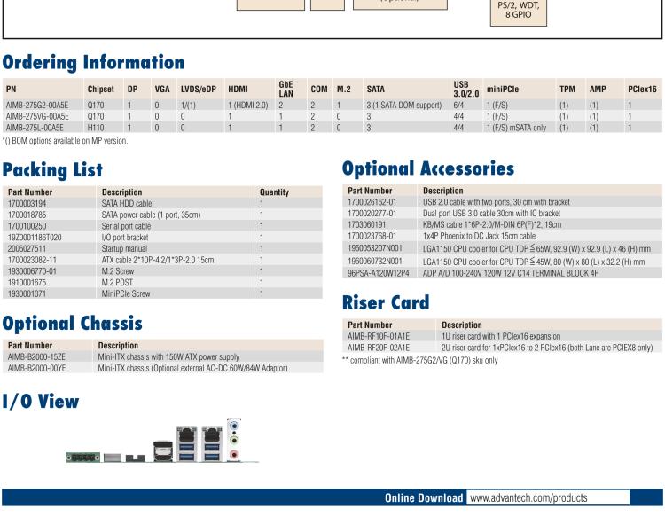 研華AIMB-275 適配Intel? 第6/7代 Core? i 處理器，搭載Intel Q170/H110芯片組。性能強(qiáng)勁，接口豐富。