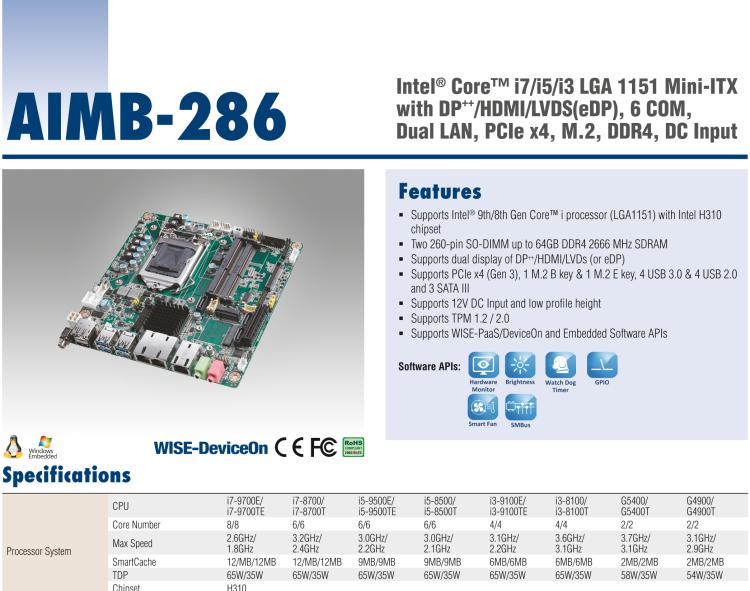 研華AIMB-286 Intel? 第8/9代 Core? i 系列處理器，搭載Intel H310芯片組。超薄設(shè)計，結(jié)構(gòu)緊湊。