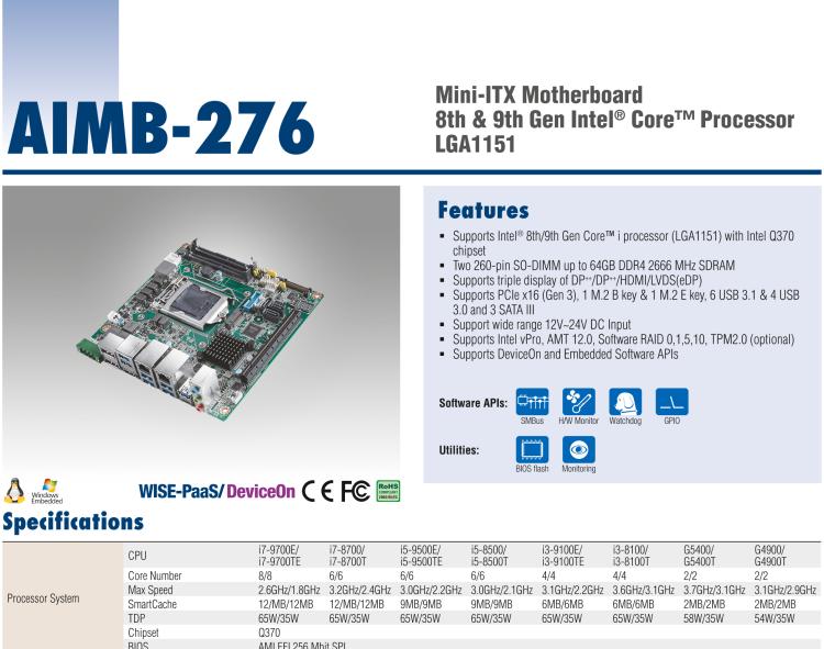 研華AIMB-276 適配Intel 第8/9代 Core?i7/i5/i3 處理器，搭載Q370芯片組。超高性能，是邊緣計(jì)算、AI視頻檢測(cè)等理想解決方案。