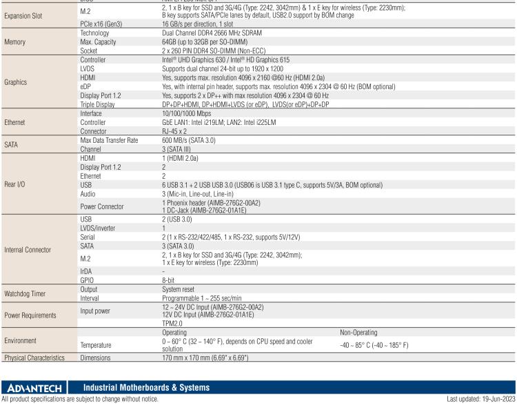 研華AIMB-276 適配Intel 第8/9代 Core?i7/i5/i3 處理器，搭載Q370芯片組。超高性能，是邊緣計(jì)算、AI視頻檢測(cè)等理想解決方案。