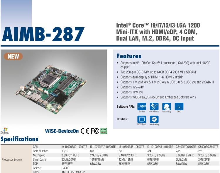 研華AIMB-287 適配Intel? 第10代 Core? i 系列處理器，搭載H420E芯片組。超薄設(shè)計(jì)，性能強(qiáng)勁。