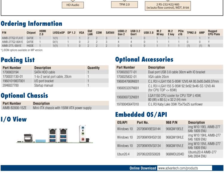 研華AIMB-277 適配Intel? 第10代 Core? i 系列處理器，搭載Q470E芯片組。性能強(qiáng)勁，適用于高端應(yīng)用領(lǐng)域。