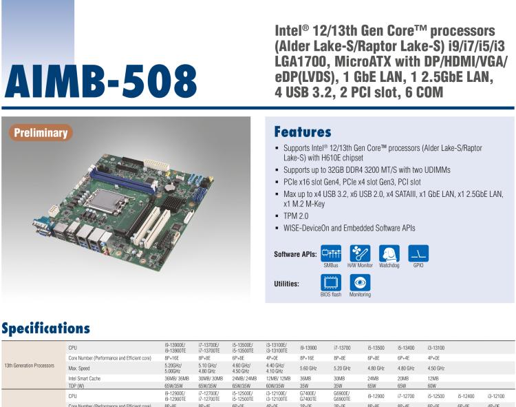 研華AIMB-508 適配Intel 第12/13代 Core i系列處理器，搭載H610E芯片組。擁有豐富的接口，性能強(qiáng)勁，高性?xún)r(jià)比解決方案。