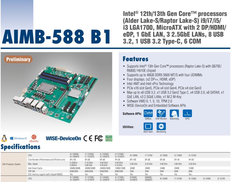 研華AIMB-588B1 適配Intel 第12/13代 Core i/奔騰系列處理器，搭載Q670E/R680E/H610E芯片組。性能可達(dá)服務(wù)器級(jí)別，獨(dú)立四顯，具備專業(yè)的圖像處理能力，是理想的行業(yè)解決方案。